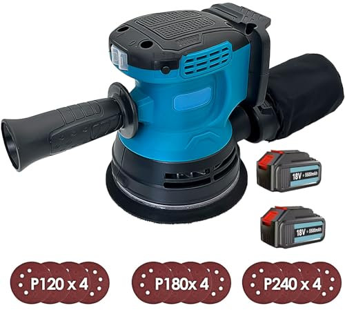 Akku-Exzenterschleifer 18V,Ersatz für Makita DBO180Z Exzenterschleifer, inkl. 12x Schleifpapier, 2x 5.5AH Akku & Ladegerät, ideal für Holzbearbeitungsprojekte und Heimwerkerarbeiten