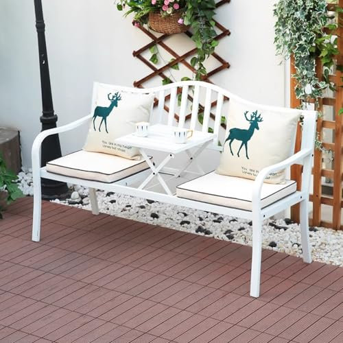 KXJPIZIYB Gartenbank für die Terrasse im Freien, mit Ausziehbarem Couchtisch, Geschenkt mit DREI Sitzkissen- und Kissensets, Wetterfeste Parkbank, Tragkraft 250kg(White)