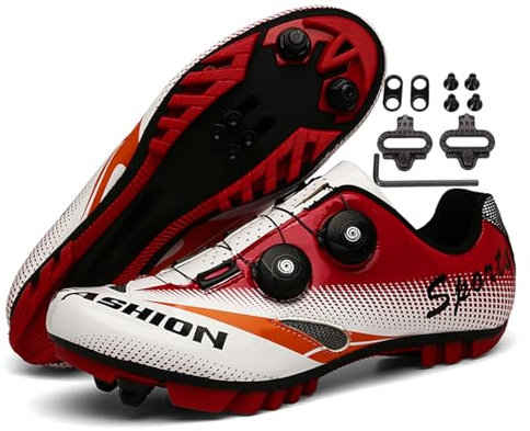 JiuQing Herren Mountainbike-Schuhe Kompatibel Mit 2-Schrauben SPD Cleats Für Indoor Outdoor Casual,Rot,43 EU