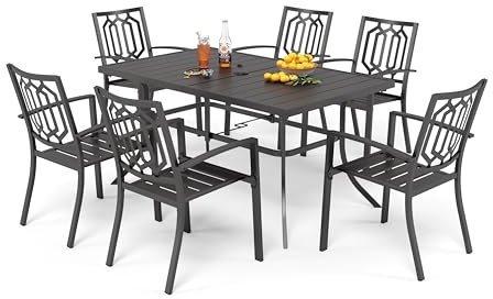 PHI VILLA Gartenmöbel 6 stühle mit Tisch Set Wetterfest Gartengarnitur Set 6 Personen mit Stapelbare Stühle und Rechteckig Esstisch mit 4cm Schirmloch Terrassen Outdoor Bistro Möbel Sets Metall
