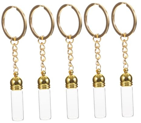 VICASKY 5pièces Lot De Mini Flacons Verre Transparent Pour Porte-clés Bouteilles Vides Déco Verre Avec Bouchon Doré Pendentifs Suspendus Romantiques Et Polyvalents