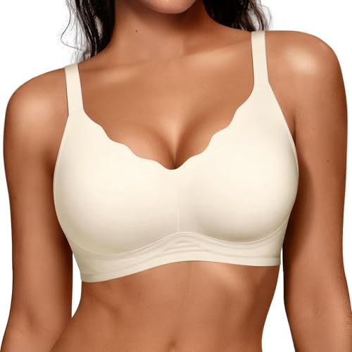 Vertvie Bras for Women Non Wired Seamless Wireless Push Up Bra Comfort Support Full Coverage Bralettes Scalloped Padded Sports Everyday Bra (Cream White,L)