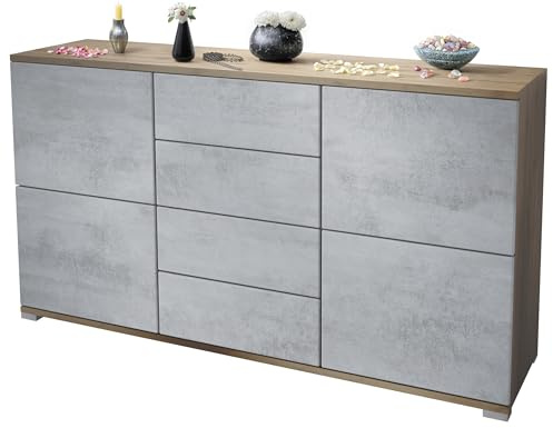 Vladon Sideboard Rova V1, Kommode mit 4 Türen und 4 Schubladen, Eiche Evoke/Beton Oxid Optik (138,5 x 75,5 x 35)