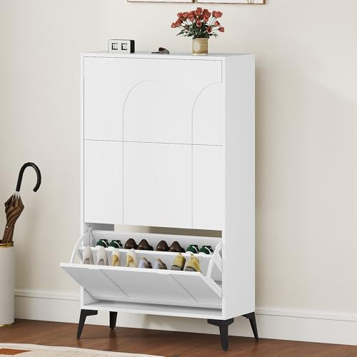 DWVO Schuhschrank mit 3 Klappen, Schuhschranks Weiss, Schuhschrank Schuhkipper Schmal, Schuhablage Verstellbar,118x24x70cm, für Eingangsbereich, Flur