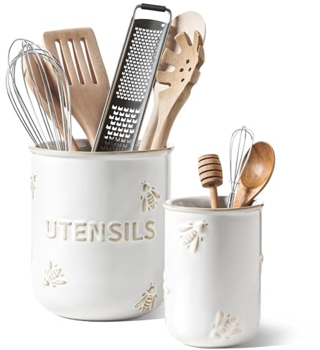 LE TAUCI Kitchen Utensil Holder Large Ceramic Organizer Set of 2, White Bee | 17.5+13.5 cm Cooking Utensil Crock for Spatula, Spoon, Whisk, Farmhouse Countertop Storage, Kitchen Decor