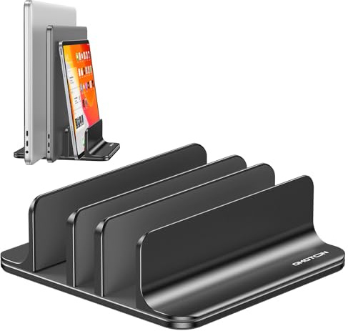 OMOTON Vertical Laptop Stand, Aluminium, Adjustable Dock Size, 3-Slot | Desktop Stand Compatible with MacBook Pro Air & Laptops (Up to 17.3), Non-Slip Silicone, Scratch-Resistant, Stable, Black