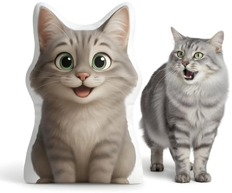 WAUZY Personalisiertes Formkissen Haustier im Cartoon Style | 3D Kuschelkissen vom Haustier im Stil von Animationsfilmen | Geschenk für Haustierbesitzer (Katze, Weicher Premiumstoff, 45cm)