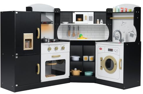Kids Corner Kitchen Playset, Wooden Play Kitchen with Washing Machine, Range Hood, Ice Maker, Microwave, Oven, Sink, Little Chef Pretend Cooking Toy Set for Toddler (Black+Gold)