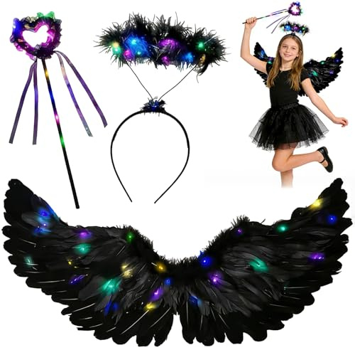 TaimeiMao Alas de ángel Iluminadas,60 cm Ilumina Alas de Angel y Halo con Luces LED,Varita,Plumas,Diadema,Disfraz Accesorios,para Halloween,Carnaval,Navidad,Cosplay y fiesta