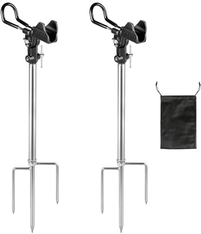 EXLECO 2pcs Rutenhalter Angel Edelstahl, mit Dreifach Erdspitzen, Schwarz | 360° Verstellbar Angelrutenhalter Abnehmbar, Universal Ruten Ständer mit Aufbewahrungsbeutel, Angelständer Boden Angelzubehör