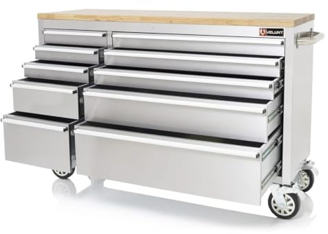 VELUNT 55 Inch Stainless Steel Storage Tool Chest with Solid Wooden Worktop, 10 Drawer Heavy Duty Roller Cabinet, Lockable Garage Workshop Unit