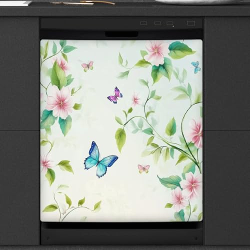 Calcomanía magnética para lavavajillas con diseño de hojas verdes y flores de primavera, para decoración de electrodomésticos de cocina, reutilizable, cubierta magnética para refrigerador, 26 x 23