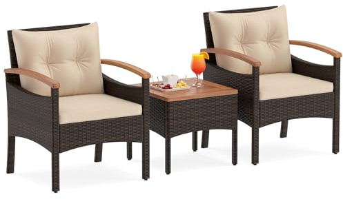 SOARS Gartenmöbel Set für 2 Personen, 3-teiliges Balkonmöbel mit 2 Stühlen & Tisch, Gartenlounge aus Rattan mit Sitzkissen & Rückenkissen, Terrassenmöbel für Balkon, Terrasse & Garten (Braun + Beige)