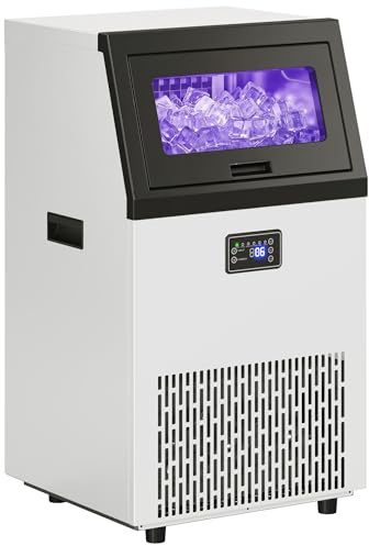 HOMCOM Kommerzielle Eiswürfelmaschine 55kg/24H Selbstreinigend Eismaschine | Aus Edelstahl, 13kg Speicher, Timer, Ice Maker Machine, LED-Licht, Eisschaufel, für Bar Büro Restaurant Café