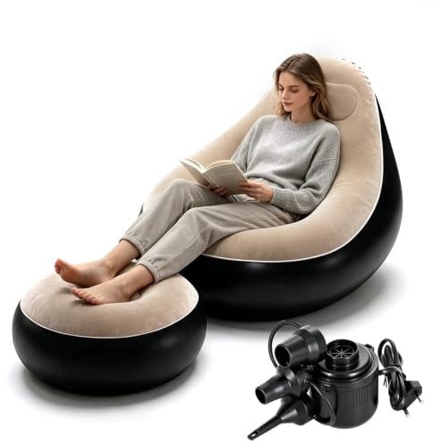 FUDUOXIAO Aufblasbares Sofa mit Fußhocker, mit Luftpumpe Aufblasbarer Sitzsack Tragkraft 220 Pfund für Garten Wohnzimmer Schlafzimmer (Kaffeefarben)