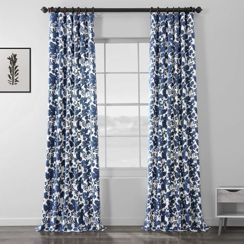 HPD Half Price Drapes Printed Floral Curtains 108 Inches Long Luxury Cotton Curtains (1 Panel) Room Darkening Window Curtains for Bedroom & Living Room, 50W x 108L, Floral Blossom Blue