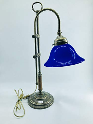 Lámpara de mesa de latón para estudio de oficina con cristal azul ministerial