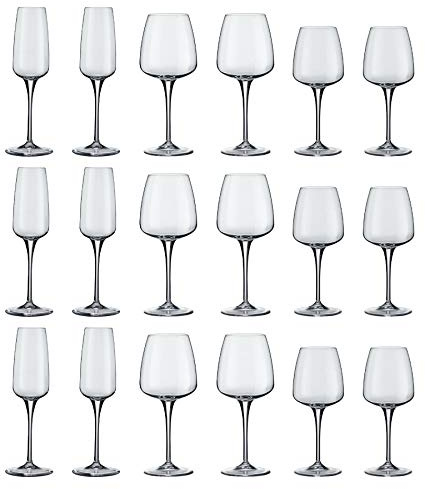 Bormioli Rocco Aurum Glass Champagne Flutes and Red White Wine Glasses - 18pc Set