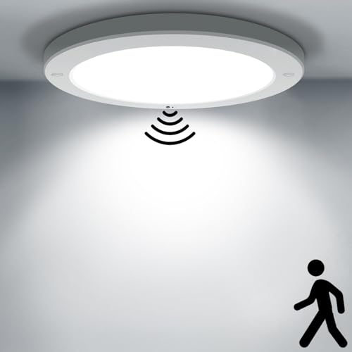 HiBay 18W Motion Sensor LED Ceiling Light with Twilight Sensor, Round Ultra Slim Flush Mount PIR Lights Indoor 1800lm Cool White 240V for Hallway, Stair, Porch, Garage, Toilet