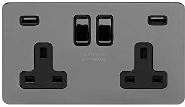 Soho Lighting Black Nickel Flat Plate 13A 2 Gang DP USB Switched Double Plug Socket (USB Output 4.8amp) Black Insert Screwless