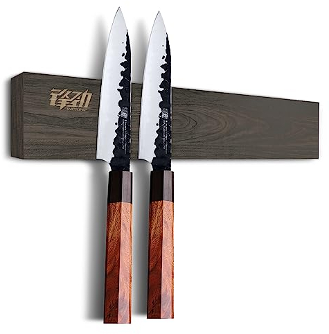 FINDKING Barre Magnétique en Bois de Frêne pour Couteaux, Support Magnétique pour Cuisine, Murale et Réfrigérateur, Installation sans Perçage (30CM, Marron Foncé, Sans Couteaux)