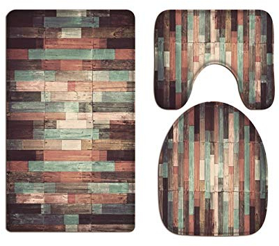 A.Monamour Badezimmer Badematte 3 Teilig Set Alter Bunter Holz Planken Hintergrund Flanell WC Toilette Deckel Deckt Bad Matte Teppich Badteppiche Badvorleger Badgarnitur Vorleger
