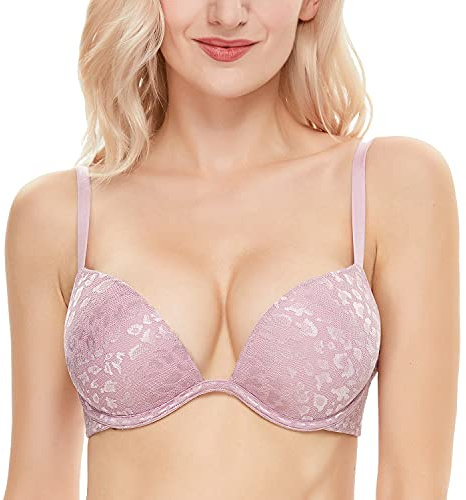 WingsLove Push Up Bra Sexy Deep V Plunge Add 2 Cups Bras Underwire T-Shirt Bra Multiway（Light Purple 36DD）