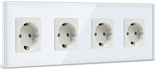 BSEED Schuko Steckdose 4 Fach Kristall Glas Platte Steckdose Glas Schuko Vierfach Steckdose 16Amp Steckdose 299mm Weiß Verlängerungssteckdosen Wandsteckdose