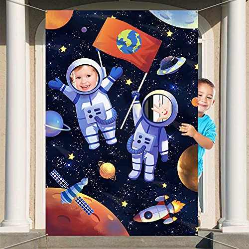 DPKOW Weltraum Geburtstag Foto Requisite Banner, Lustige Gesicht Spiel für Kinder Party Fotohintergrund Dekoration, Weltraum Astronaut Thema Party Spiel Banner Fotoaccessoires