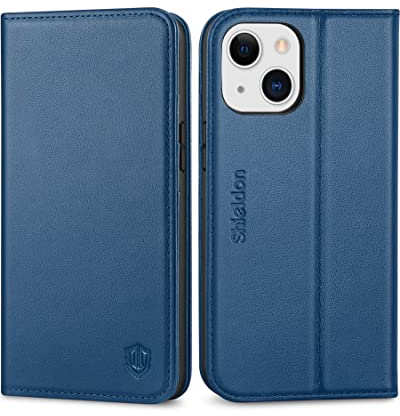 SHIELDON Wallet Case for iPhone 13 Mini, Protective Genuine Leather Flip Case [RFID Blocking][Card Slots]TPU Shell[Kickstand] Magnetic Folio Cover Compatible with iPhone 13 Mini 5.4 2021, Royal Blue