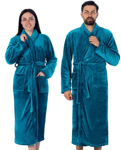 Gräfenstayn® Damen & Herren Kuschelfleece Bademantel ohne Kapuze mit Öko-Tex Standard 100 in Größe S-XXXL (M, Türkis)