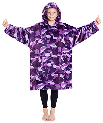 CityComfort Übergroße Hoodie Decke Kinder Fleece Oversize Kapuzenpullover Mädchen Teenager mit Sherpa-Futter und Kängurutasche Geschenk Ideen (Lila Tarnfarben)