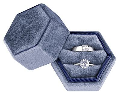 AIEX Ringbox aus Samt, für Schmuck, Doppelschlitze, Sechseck, Ringbox, für Verlobung, Zeremonie, Hochzeit, Valentinstag, mit 2 Ringen (Nebelblau)