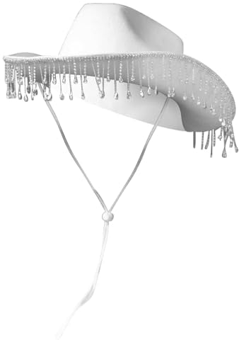 FEESHOW Damen Cowboyhut mit Strass Fransen Glitzer Cowgirl Hut Mütze Party Halloween Karneval Kostüm Zubehör Kopfbedeckung Weiß Einheitsgröße