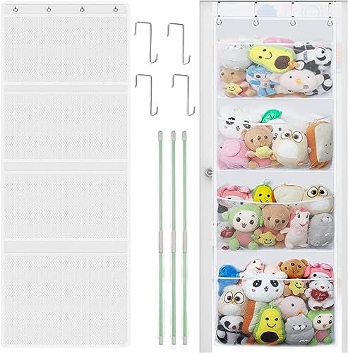 Stuffed Animal Storage, with 3 Large Pockets and 2 Medium Pockets, Over The Door Organizer Storage for Closet, Baby, Plush Toy, Hanging Door Organizer for Nursery, Bedroom, Bathroom, Kids Room (White)