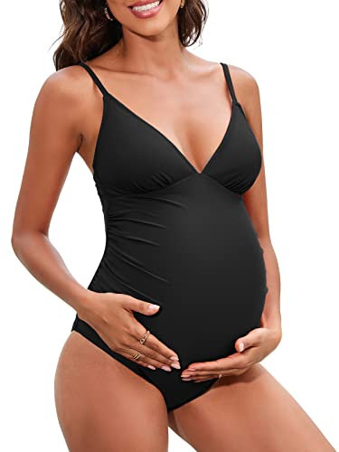 CUPSHE Maternity Swimsuit for Women One Piece Swimsuits Pregnancy Swimwear Spaghetti Straps Ruched Adjustable Black L