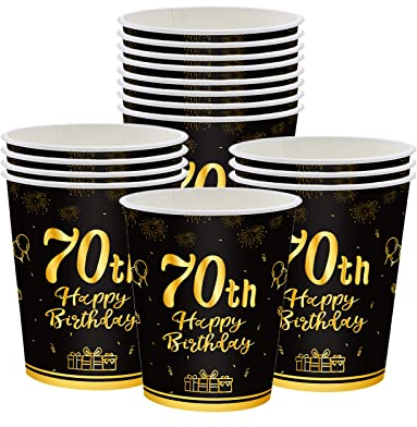 Happy 70th Birthday Paper Cups Black and Gold,16Pcs Disposable 70th Tableware Party Cups,70th Birthday Party Decorations Paper Cup for Men,Women,Him,Her 70th Birthday Party Supplies Table Decor