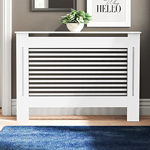 FATIVO Heizkörperverkleidung Hohe Heizkörperabdeckung Horizontal Holz 111×19×92 cm Weiß aus MDF lackiert Landhausstil Heizungsverkleidung Hoch für Schlafzimmer Wohnzimmer Büro Heizkörper Abdeckung