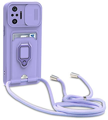 Dllatui Funda Compatible con Xiaomi Redmi Note 10 Pro/Note 10 Pro MAX,Cuello Cordón Carcasa Silicona Suave,Ranura con Tarjetas,Carcasa Cubierta cámara Deslizante Proteger, Anillo Soporte (Púrpura)