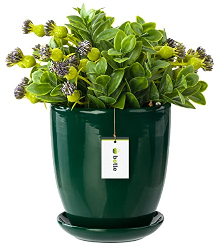 botle Blumentopf Blumenübertopf Flaschengrün Blumenschale mit Untersetzer Rund BxH 195 mm x 215 mm Oberfläche Glanz Keramik Modern Glamour