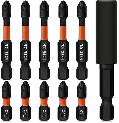 Hakkin 11Pcs PH2 Impact Driver Bits S2 Steel Magnetic Impact Driver Bit Set Heavy Duty Phillips Screwdriver Drill Driver Bits 50mm 25mm PH2 Screwdriver Bits with 60mm Bit Extension Holder