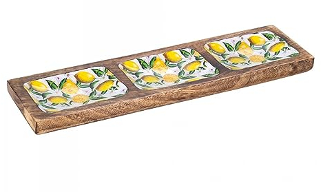 SIGNES GRIMALT Plateau Apéritif 3 compartiments en Bois de Manguier, Thème Citrons, longueur 36 cm.