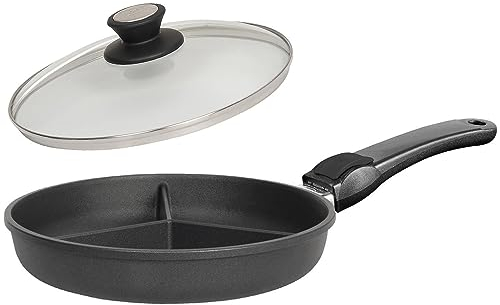 SKK 2-tlg. Aluguss Antihaft Pfanne 28 cm 3-fach Steg - Gusspfanne ideal zum Braten dreierlei Speisen & Edelstahlrand-Deckel - Made in Germany