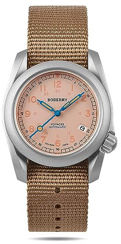 BODERRY Herren-Armbanduhr, Titan, automatische Felduhr, 40 mm, Militäruhr, Tages-/Datumsfunktion, 100 m wasserdicht, mit Nylonband, japanisches mechanisches Uhrwerk und verschraubte Krone – Voyager,