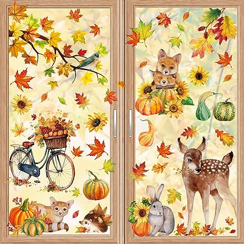 Aonveki 68 immagini per finestre autunnali, autoadesive, per il giorno del Ringraziamento, per l'autunno, senza colla, foglie d'acero, zucca, piccoli animali, decorazione per finestre, autunno, per la