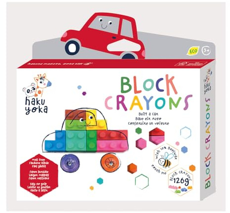 Haku Yoka 6303083 Block Wachsmalkreiden-Set, Auto | Wachsmalsteine in kräftigen Farben, Wachmalstifte in Klemmbaustein-Form, ohne Abfärben, für Kinder ab 3 Jahren