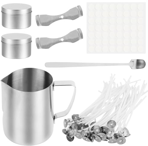 MXTIMWAN 57 Piezas Kit de Fabricación para Velas, Kit de Fabricación de Velas Perfumadas Incluye Tarro de Vela, Crisol, Cuchara, Centradores de Velas, Mechas de Velas y Pegatinas