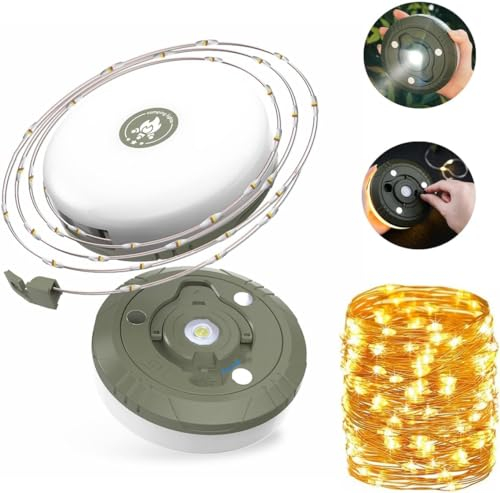 PKKP Camping Lichterkette Aufrollbar 8M, 2000mAh USB Akku Aufladbar Campinglampe, 2 in 1 IP67 Wasserdichte Verstaubare Lichterkette mit 5 Lichtmodi, Zeltleuchten für Wandern, Camping, Notfall (Warm)