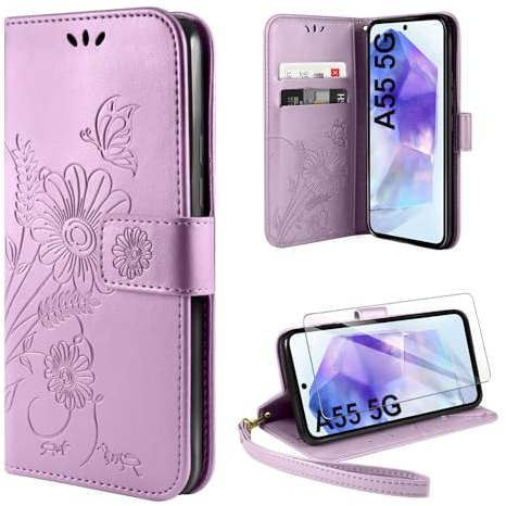 ivencase Handyhülle für Samsung Galaxy A55 5G Hülle mit 1 Stück Hartglas Schutzfolie, Flip Lederhülle Tasche Case Magnet Kartenfach Schutzhülle für Samsung Galaxy A55 - Hellviolett