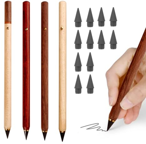 GUOYOU 4 Stück Ewiger Bleistift, Bleistift mit 12 Pencil Austauschbare Mine, Bleistifte Set, HB Bleistifte, für Ab 3 Jahren Kinder und Erwachsene Studenten, Heimbüro(4 Holzfarben)